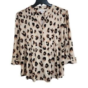 Kim Rogers Womens Size XL Blouse 3/4 Tab Sleeve  Leopard Print Tunic Top Pleated